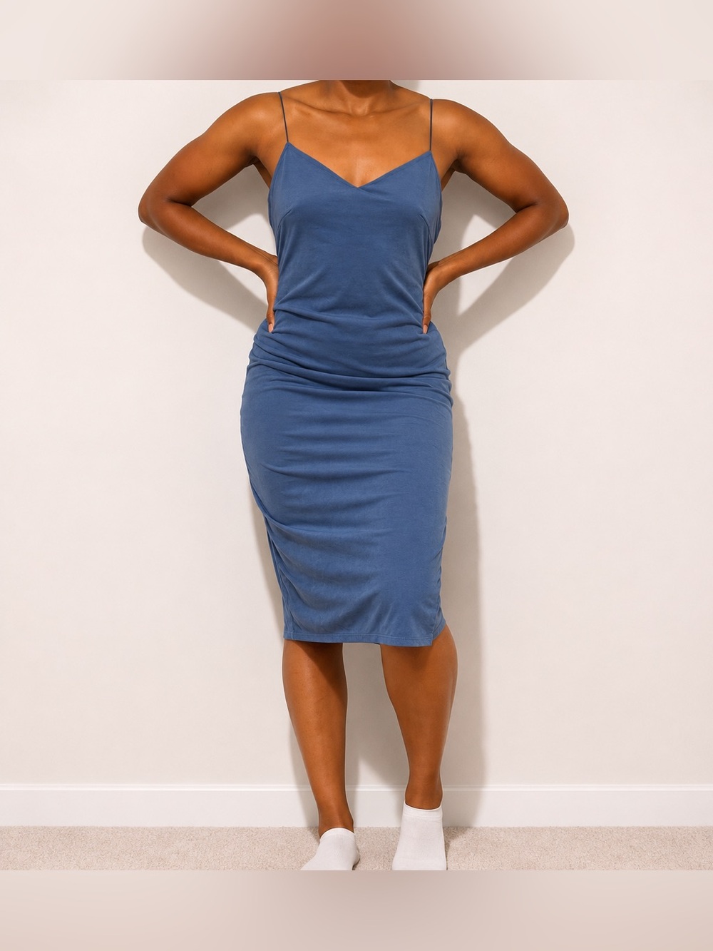 Charlotte Russe Blue Faux Suede Midi Dress Spaghetti Strap Bodycon Slit Size L
